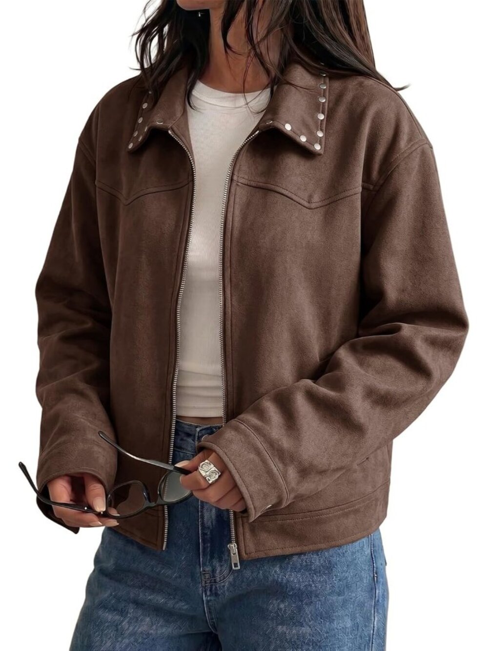 Women’s Brown Long Sleeve Faux Suede Studded Zipper Fall Coat Cropped Jacket